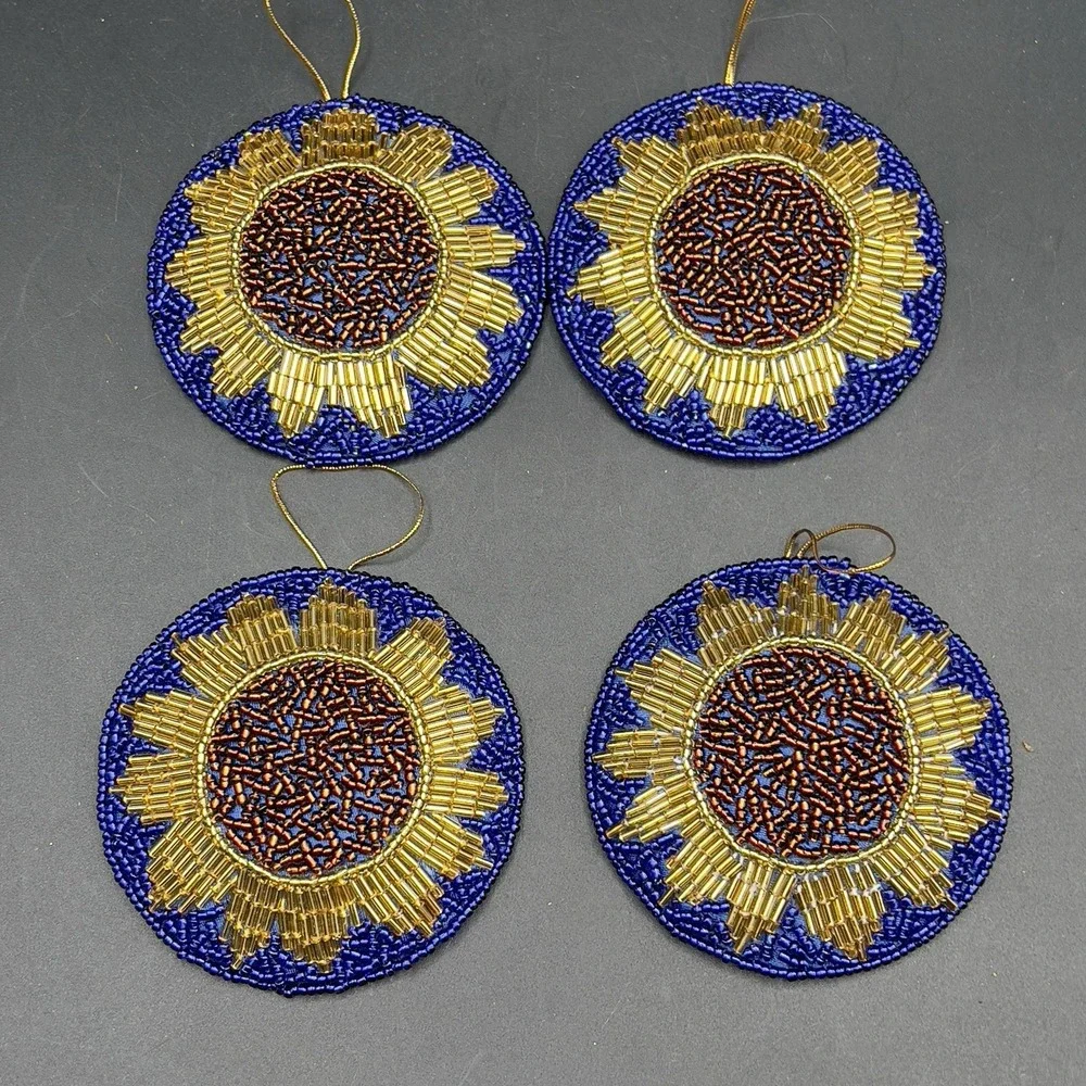 Sparkling Golden Sunflower Seed Bead Ornaments Blue Satin Fabric  3